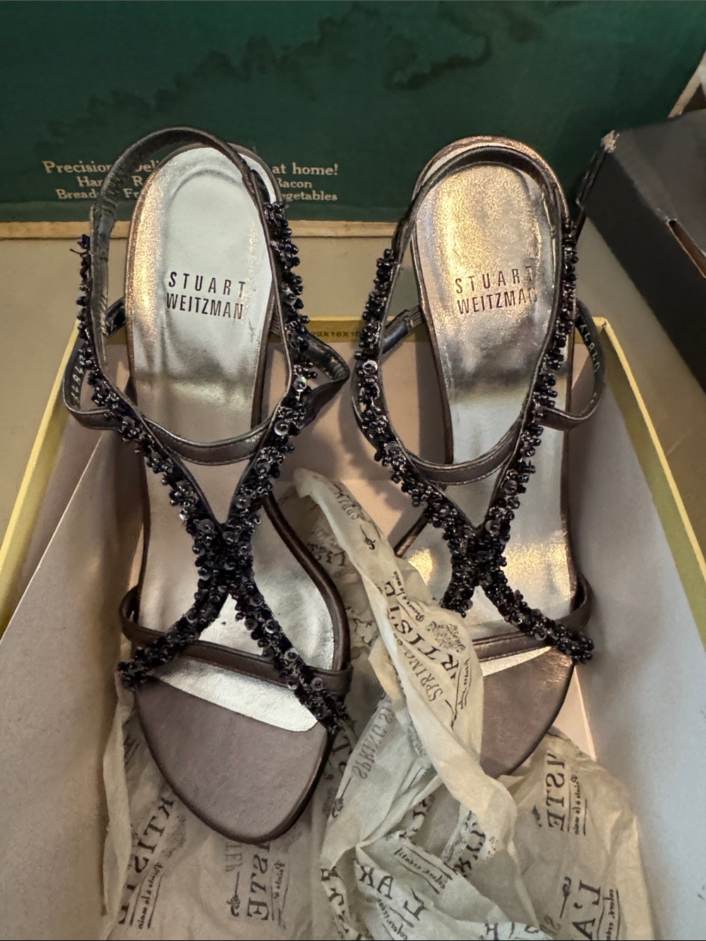 Stuart Weitzman Bronze Beaded Strappy Heels size 7